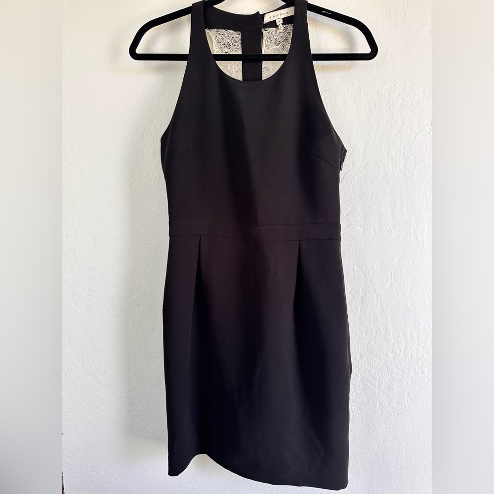 Sandro Black Sheath Mini Dress with Lace & Bow Back Detailing | size: 1